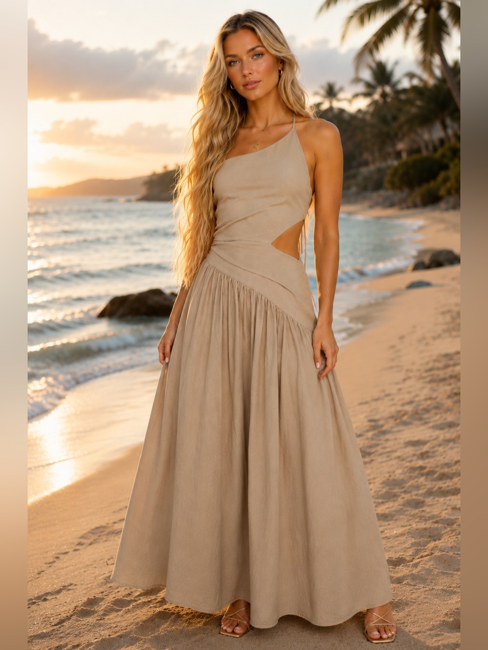 Asymmetrical Khaki Tan Maxi Dress